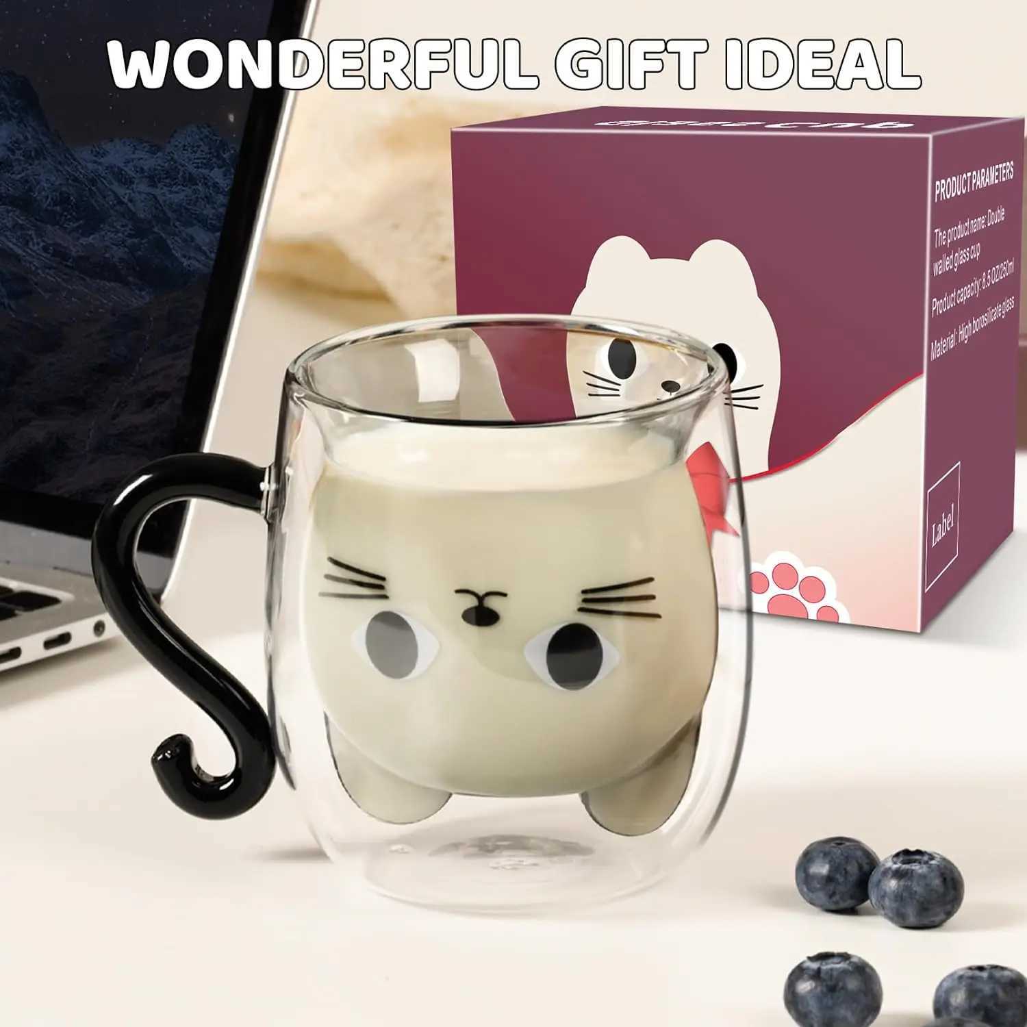 Tumblers Household Cat Shaped Portable Coffee Cups Handle Iced Tea Mug Cafe Glass Cup Kitchen Tumbler Coffeeware Teaware H240425