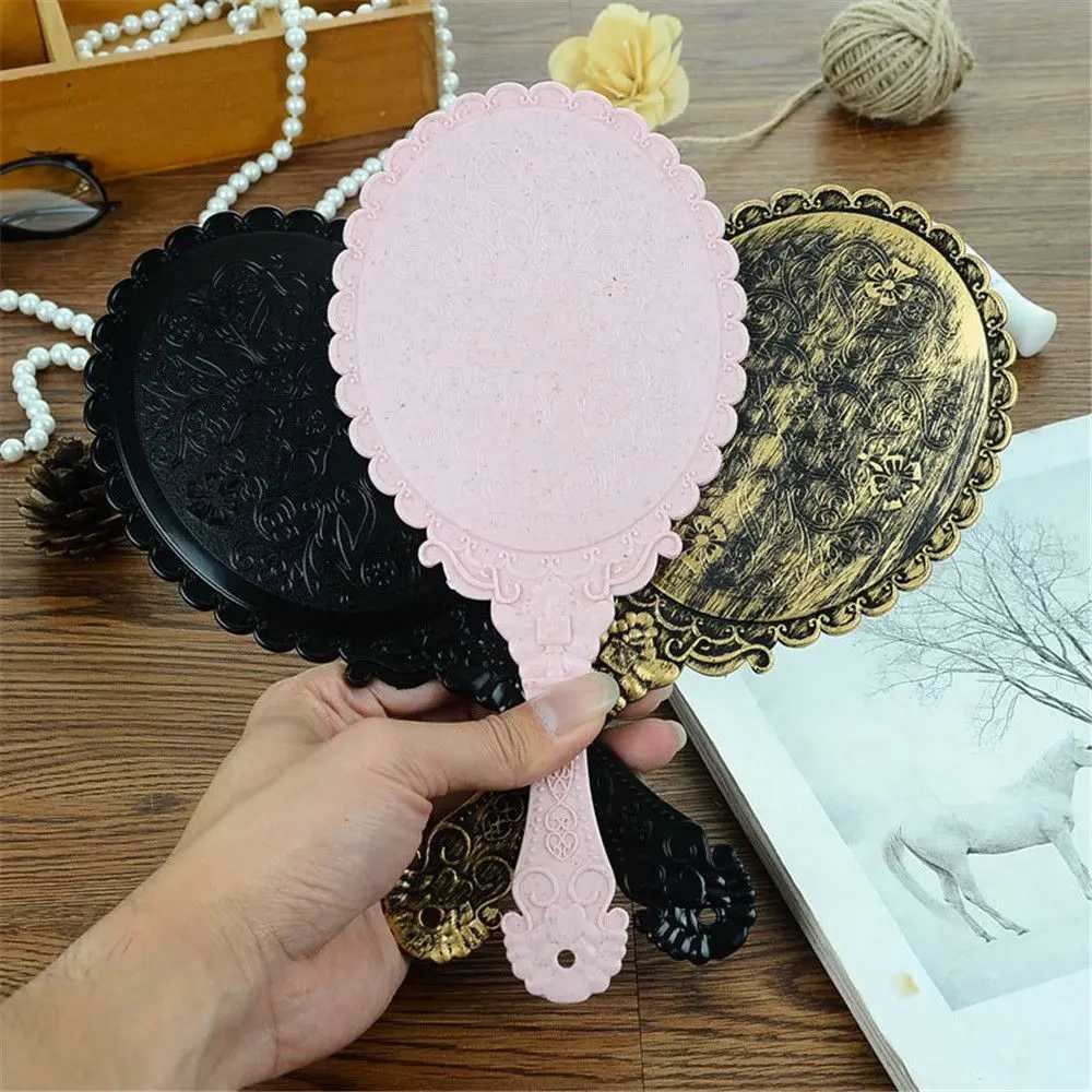 Mirrors Vintage Floral Handle Cosmetic Mirror Portable Handheld Lace Mirror Plastic Handle Small Round Mirror WomenS Makeup Tools