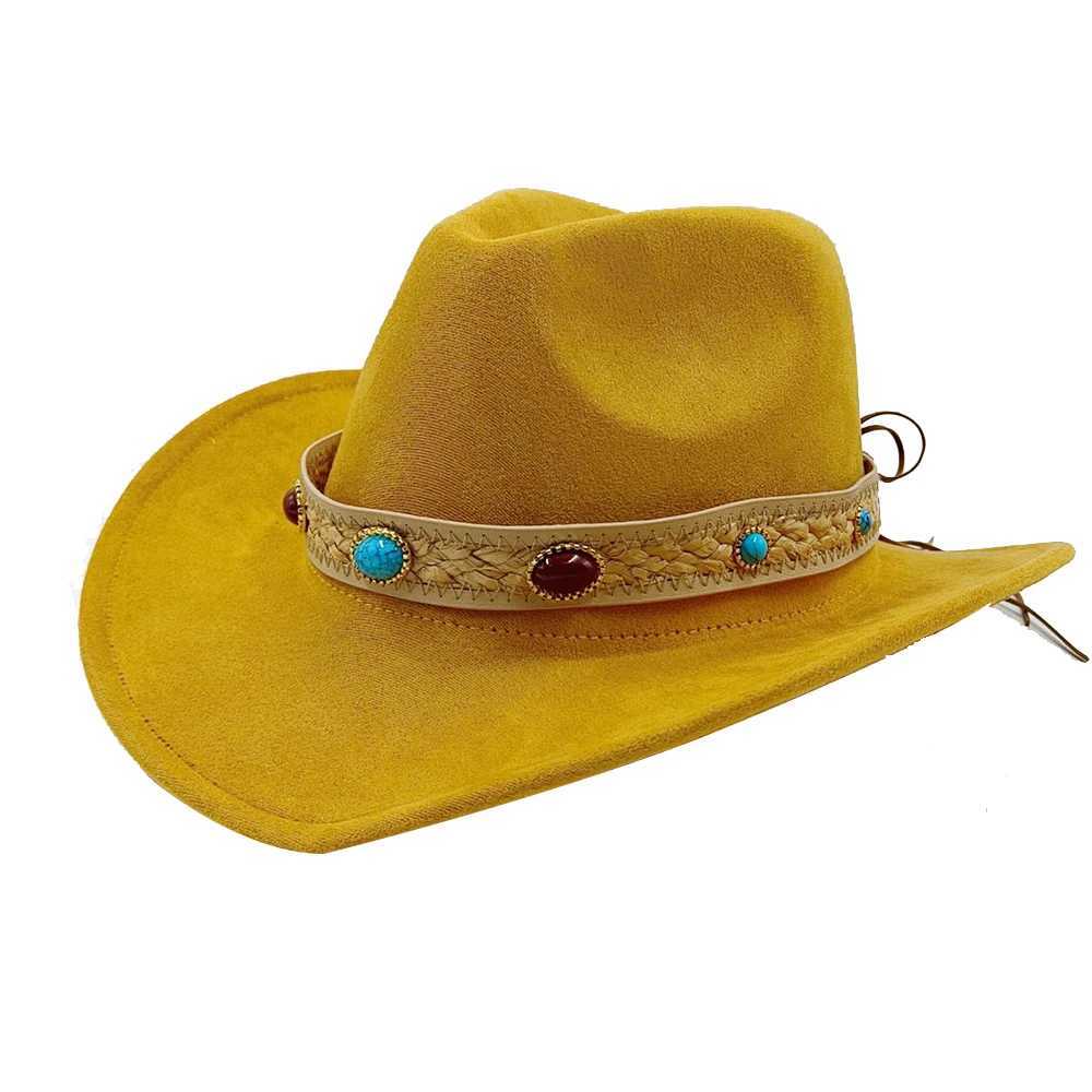 Breda brimhattar hink hattar mocka cowboy hatt krullade retro ädelstenbälte tillbehör västra cowboy man och kvinnlig riddare hatt cowboy hatt y240425