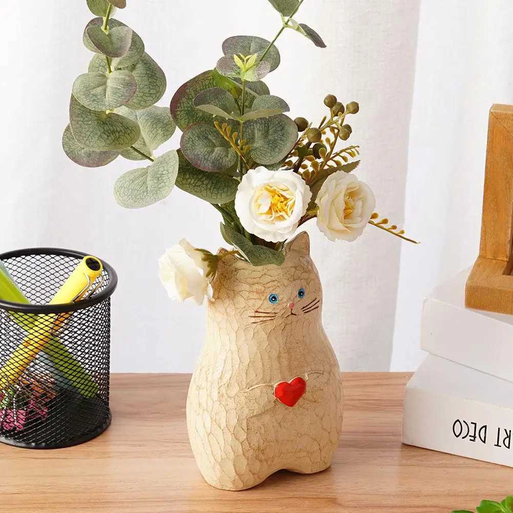 Vazen handgemaakte houten katten vaas vast hout handgemaakte vaas vaste hoge vloer vaas ingemaakte vlees bulk keramische vazen ​​voor bloemen 14 inche h5g6