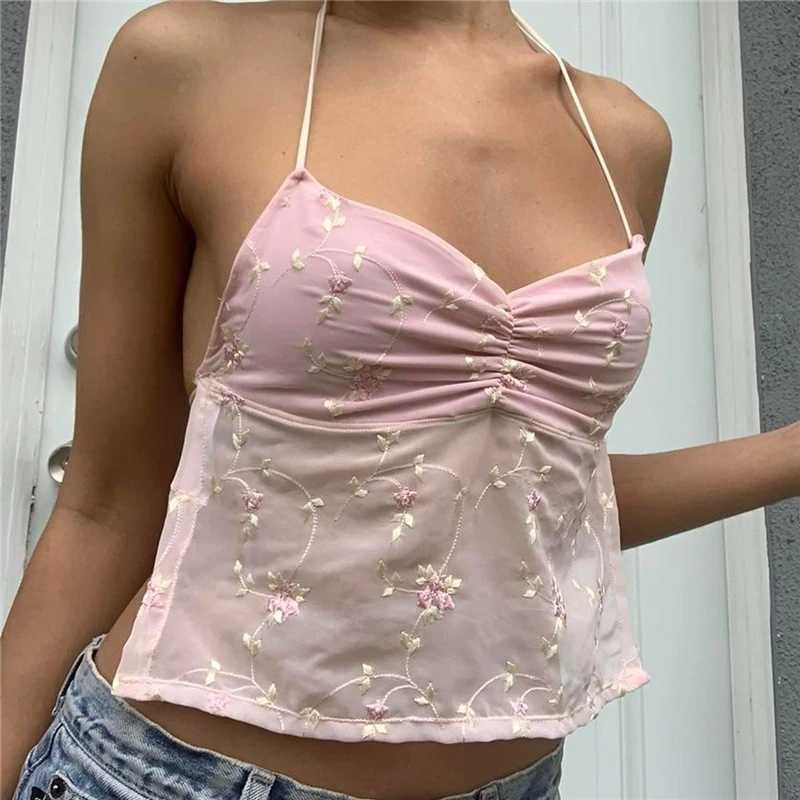 Damestanks Camis Xingqing Y2K Halter Top 2000s Esthetische Fairycore Grunge Cleren Vrouwen Floral Slveless Backless Tanks SWT Vest Strtwear Y240420