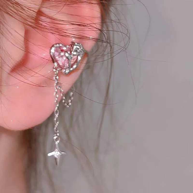 Charm Pink Crystal Heart Star Tassel Ear Clip Earrings for Women Vintage Non Piercing Ear Cuff Jewelry Party Jewelry Gift