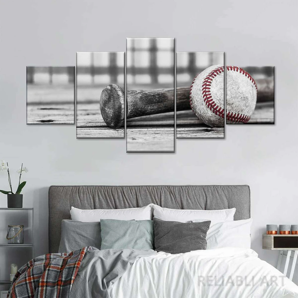 5 panneaux Baseball Pop Wall Art Canvas Peinture des affiches de sports en noir et blanc et imprimés pour le salon Décoration de la maison Cuadros