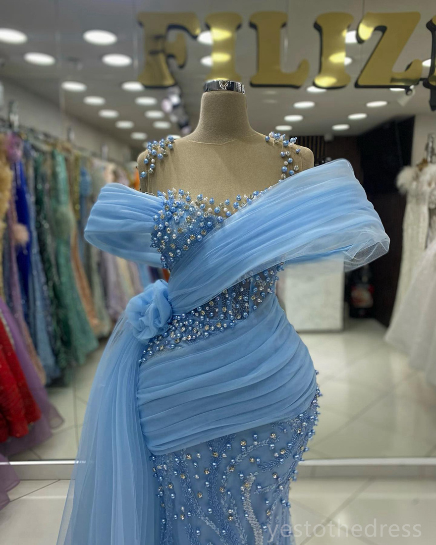 2024 Plus Size Blue Prom Dresses for Black Women Promdress Illusion Sheer Neck Beaded Lace Pearls Rhinestones Decorated Birthday Dress Second Reception Gowns AM778