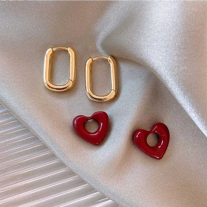 Stud Vintage Red Love Heart Hoop Earrings For Women Fashion Design Drip Oil Heart Shaped Temperament Earrings Wedding Jewelry Gifts