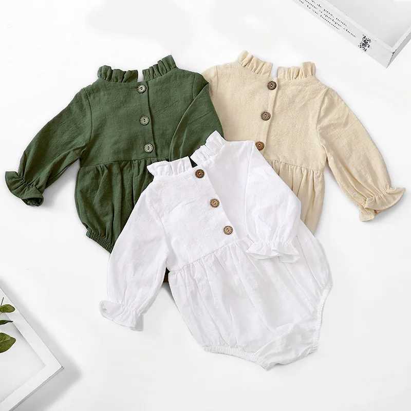 Rompers Spring herfst herfst pasgeboren baby babymeisjes romper katoen met lange mouwen baby speelsuit jumpsuits solide babymeisjes herfstkleding d240425