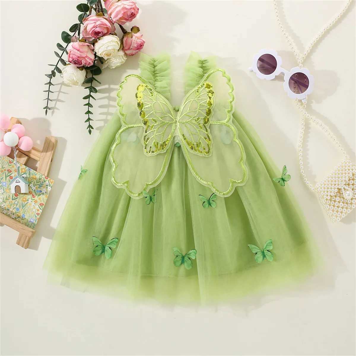 Girl's Jurken Summer Girls Princess Party Birthday Performance Dress Jurk Butterfly Wing Strap Solid Mesh Dress D240425