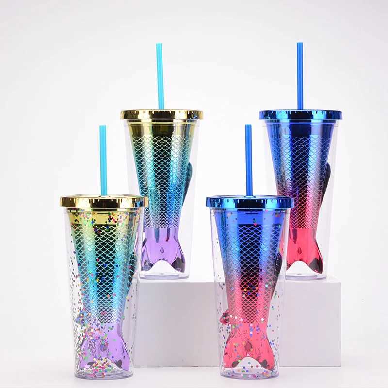 Tumblers 350ml 12oz Double Layered Gradient Beauty Fish Tail Straw Cup Sequined Glitter Rinking Tumbler For Kids Party Gift H240425