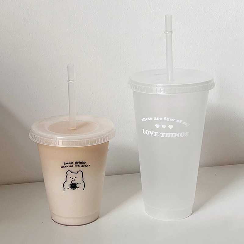 Tumblers kaffemjölkmjölk te kawaii plast kall dryck kopp med lock halm bärbar återanvändbar drickflaska BPA gratis H240425