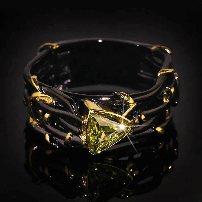 Anneaux de bande anneau de branche d'arbre noir gothique vintage avec bling pierre de zircon jaune pour les femmes de mariage de mariage bijoux de mode H240425