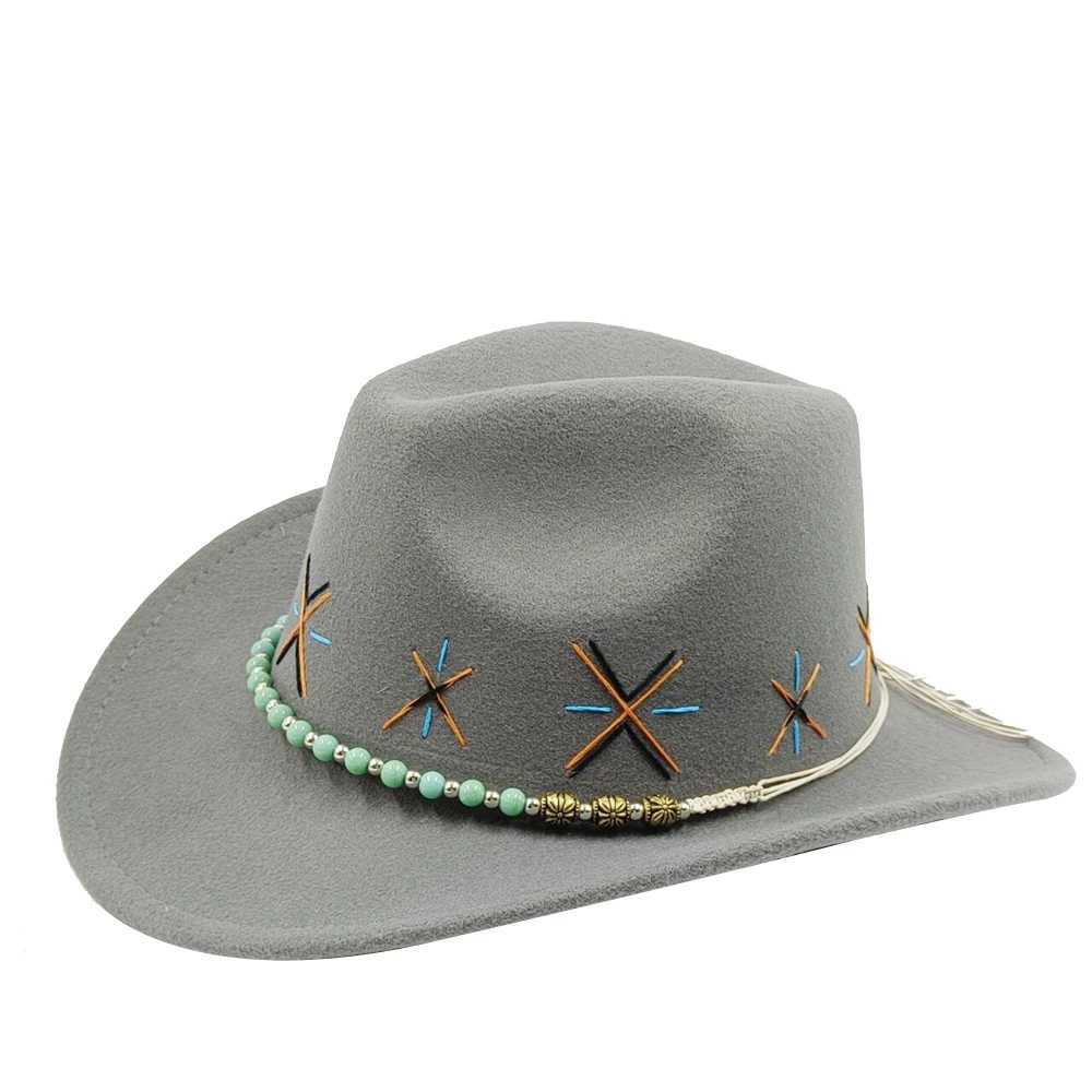 Cappelli a bordo larghi cappelli da secchio da cowboyhat ricamato a mano Accessori cappelli da cowboy occidentali decorazioni classiche maschi jazz a bordo largo e cappello da feltro femminile y240425