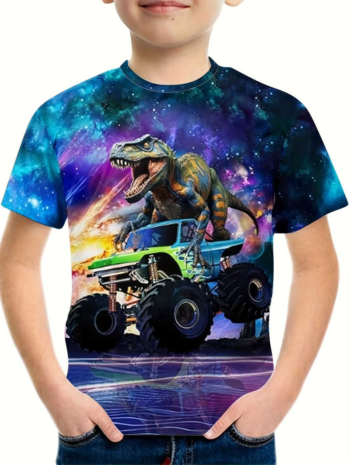 T-shirts 3D Digital Dinosaur Print Boys Creative T-shirt Casual Lightweight Comfy Short Sleeve Tee Tops Kids Clothings For SummerL2404