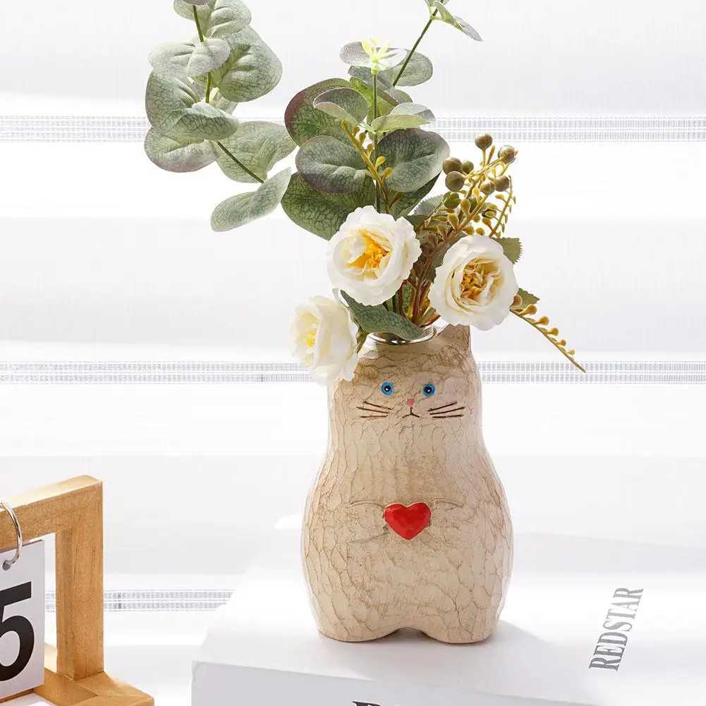 Vazen handgemaakte houten katten vaas vast hout handgemaakte vaas vaste hoge vloer vaas ingemaakte vlees bulk keramische vazen ​​voor bloemen 14 inche h5g6