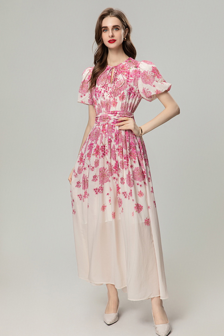 Vestidos de pasarela para mujeres O Neck mangas cortas encaje impreso floral elegante fiesta de fiesta de fiesta de moda