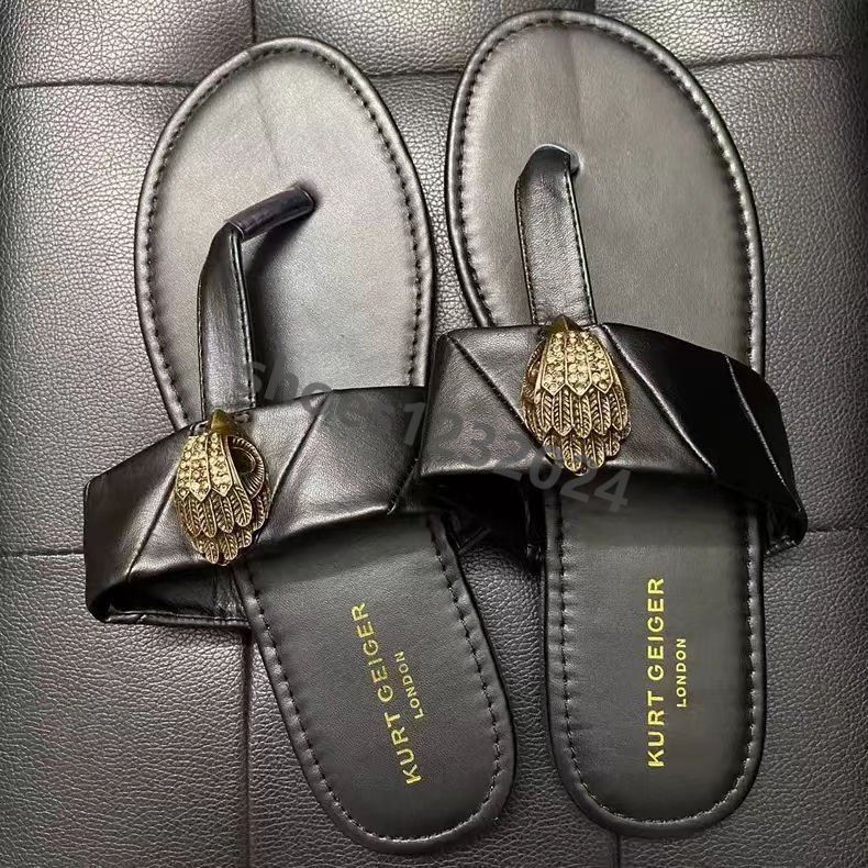 Kurt Geiger Sandals Women Flat Bottom Slippers Splice Rainbow Sandals Designer Shoes Fashion Eagle Head Inlaid Diamond Slipper Summer Flat Beach Luxury Booties