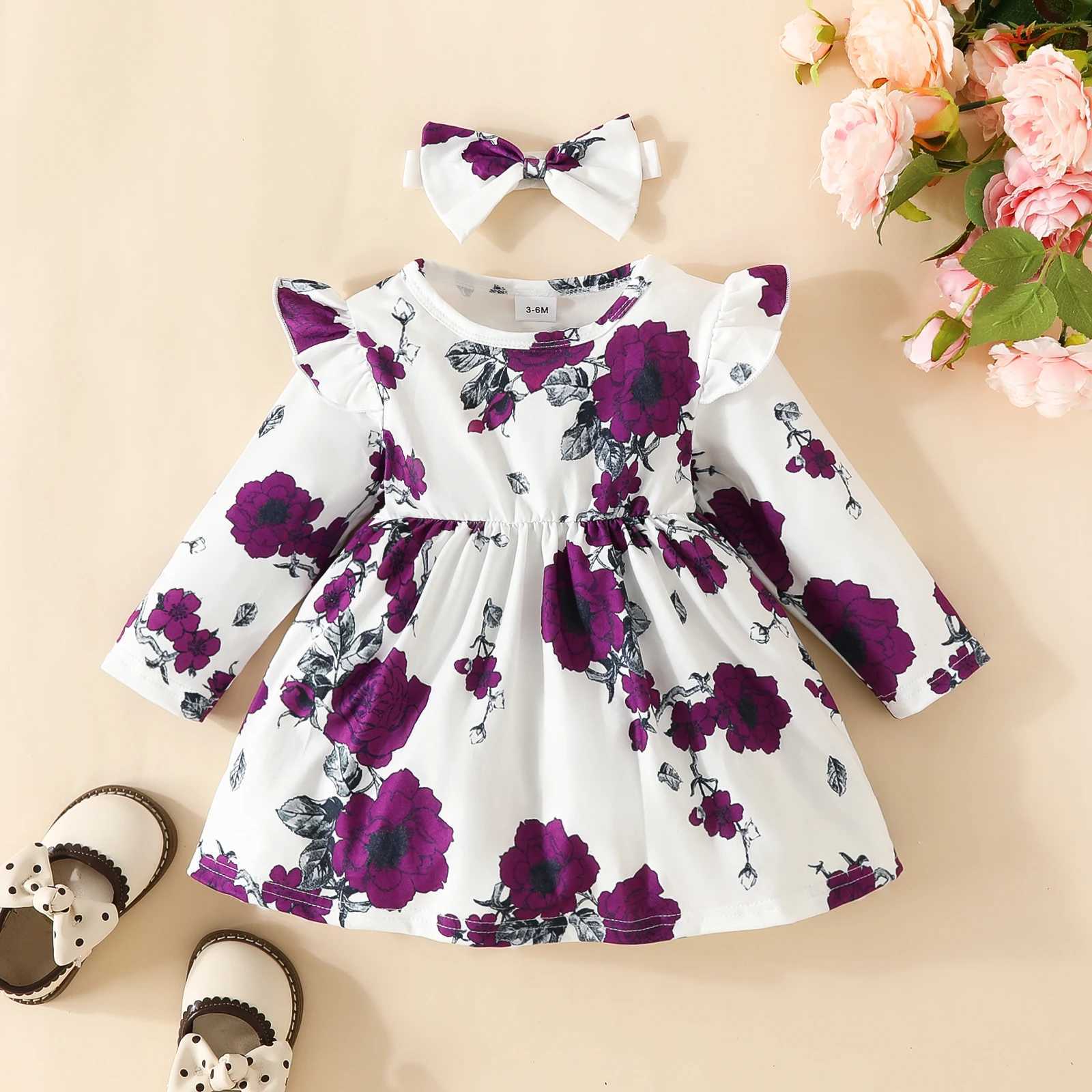 Kız elbiseler kız bebek gündelik uzun kollu çiçek baskı elbise + ücretsiz kafa bandı çocuk elbise çok renkli seçenekler seti d240425
