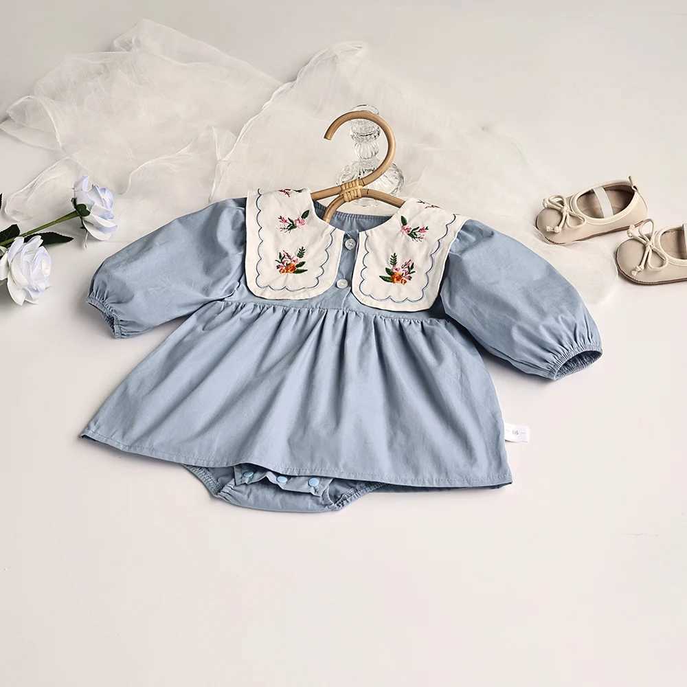 Rompers Spring Solid Pleed Body BodySuit Toddler Girls Girls Princess Clothes Embourory Big Collar Infant Vêtements H240425