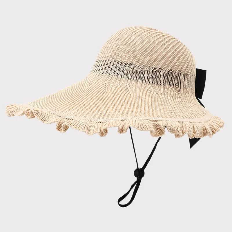 Geniş Memlu Şapkalar Kova Şapkaları 2024 Yeni Katlanır Kore Yay Knot Geniş Buzlu Güneş Şapkası Kadınlar için Uygun Nefes Alabilir Plaj Bucekt Şapka Açık Dış Tığ Şapkası 240424