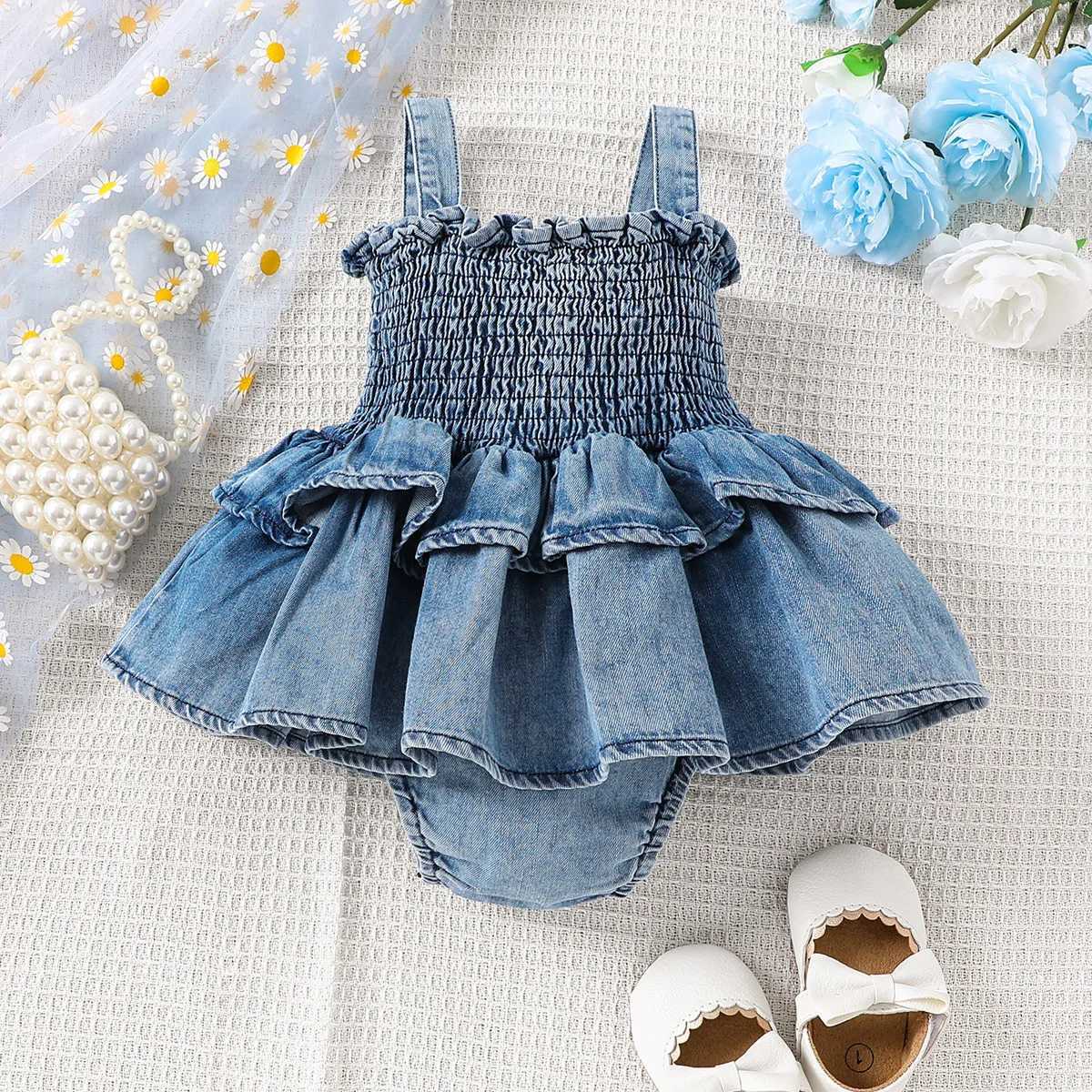 Rompers Summer Baby Girls Ubrania jeansu One Piece Ruffle Camisole Bodysuit Noworodka 0-18m H240425