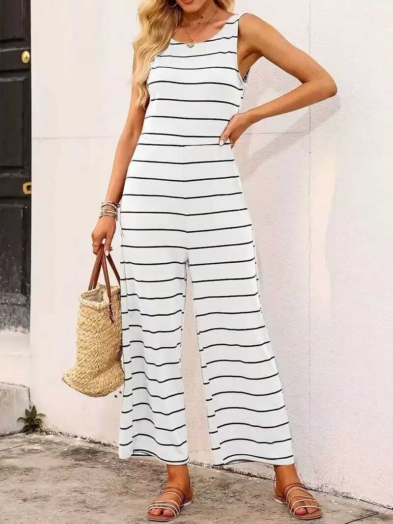 Women's Jumpsuits Rompers Striped printed tank jumpsuit casual wide leg strapless crew neck jumpsuit womens clothing Y240425