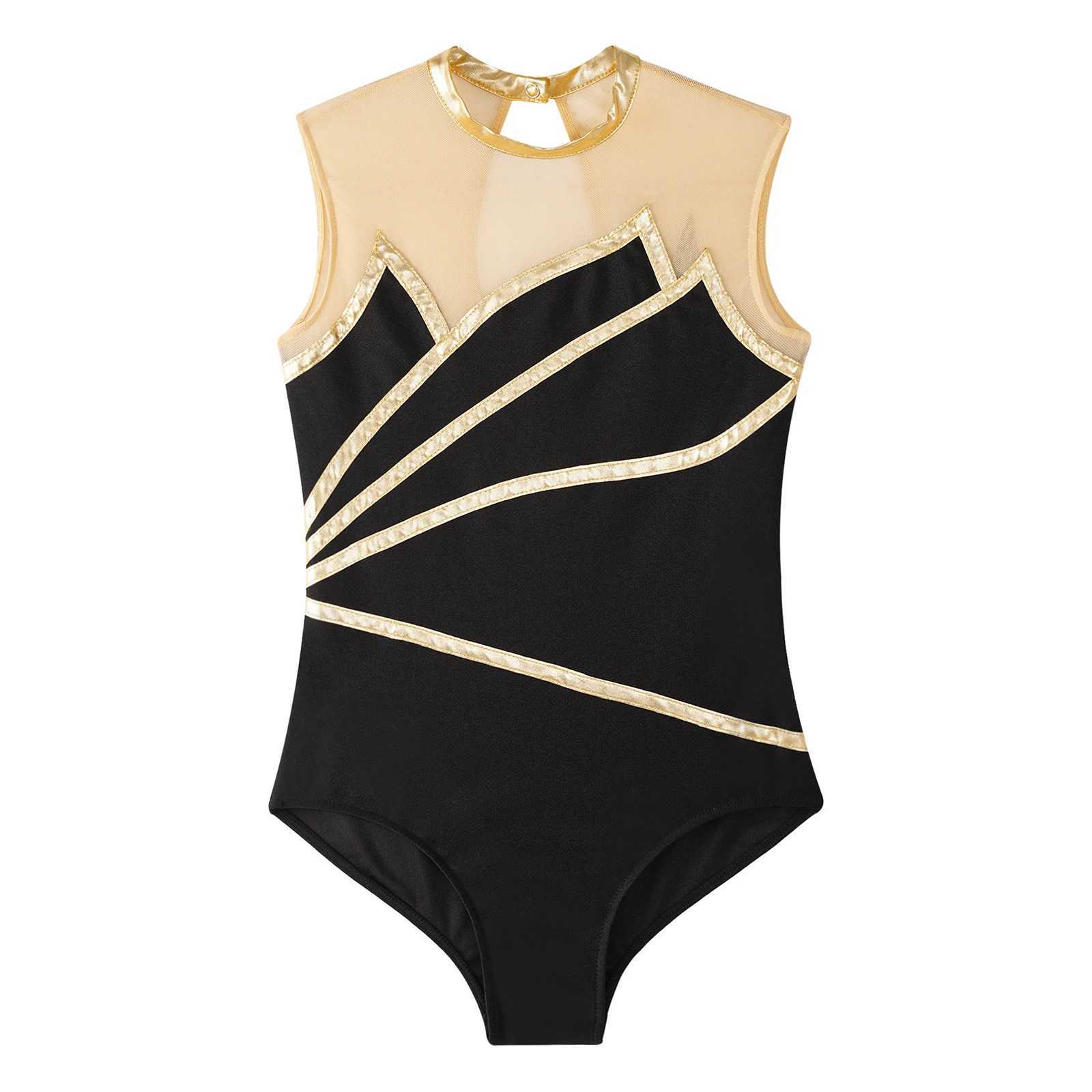 Porte des filles girls gymnastique juge de juge sans manches brillante ballet métallique dance justaucorps bodySuit Performance de scène costume de danse d240425