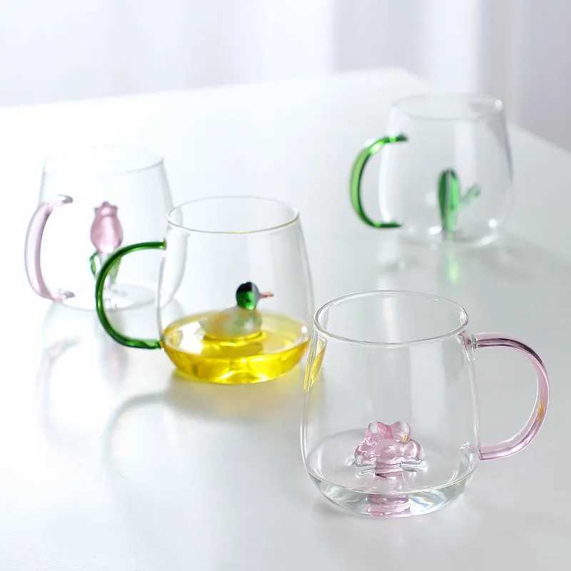 Gobelers créatifs de verre animal / fleur 3D avec poignée haut borosilicate moner couche lait lait mignon transparent surintensial d'été h240425