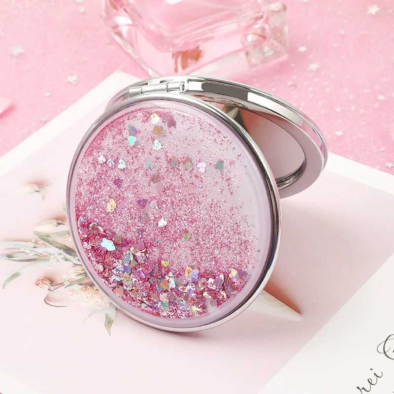 Miroirs pliants miroirs cosmétiques double face pour femmes cadeaux avec du sable étincelant mini miroir de maquillage rose compact