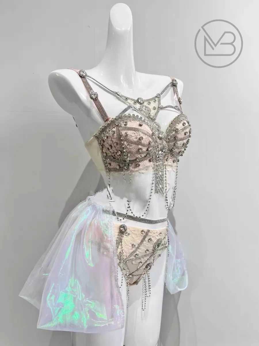 STAGE Electronic Music Festival Pink Skin Color Lace Sparkling Diamond Mini jupe Suit Nightclub Ds Performance Costume D240425