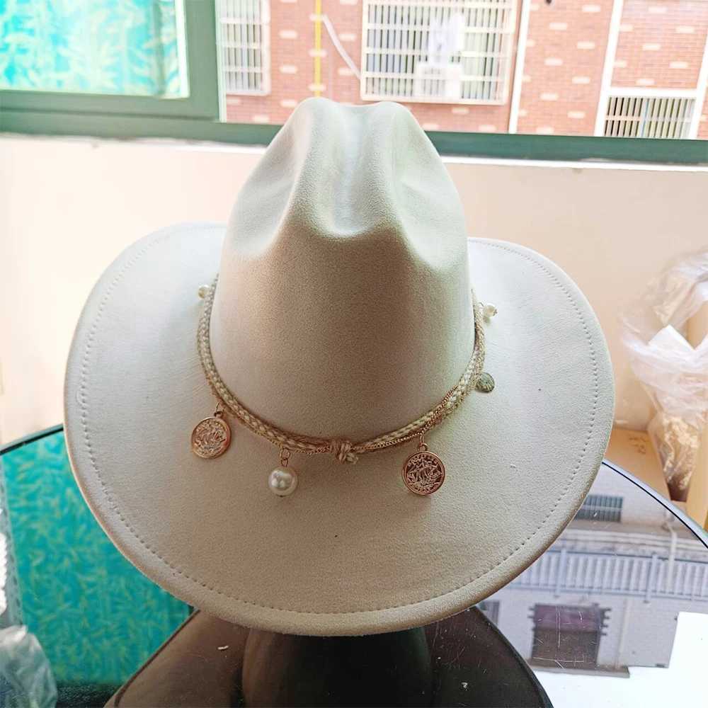 Breda breim hattar hink hattar mocka dubbel konkav cowboy hatt stor grim topp hatt unisex rhinestone mocka jazz hatt western cowboy hatt höst y240425