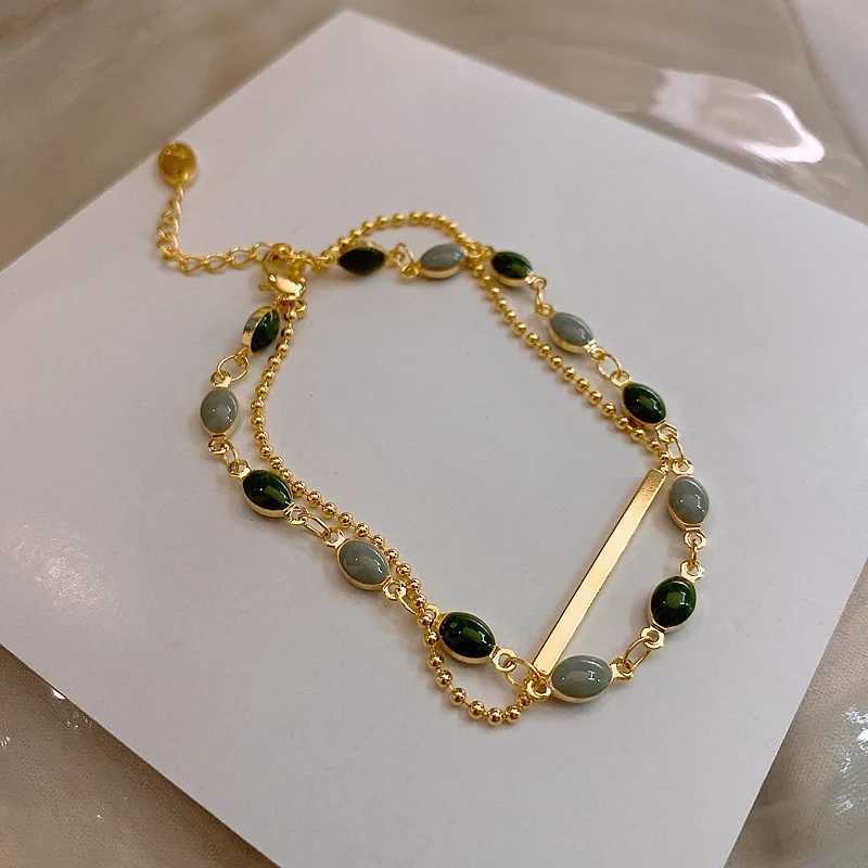 Beaded Korea Fashion Women Green Oval Jade Inlaid Beaded Double-layer Chain Charm Bracelet for Wedding Anniversary Gift Gold Jewelry