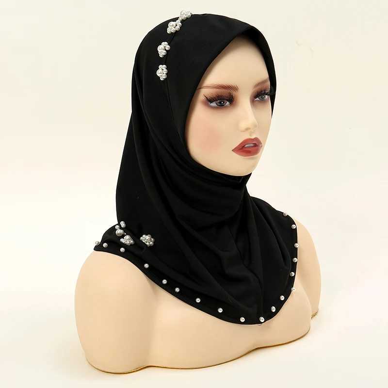 Hidżabs kobiety natychmiastowe hidżab szalik z perłami Muzułmańska koszulka premium szalik głowa Scalf Soft Turban oddychający femme muzulmane wewnętrzne hidżabs D240425