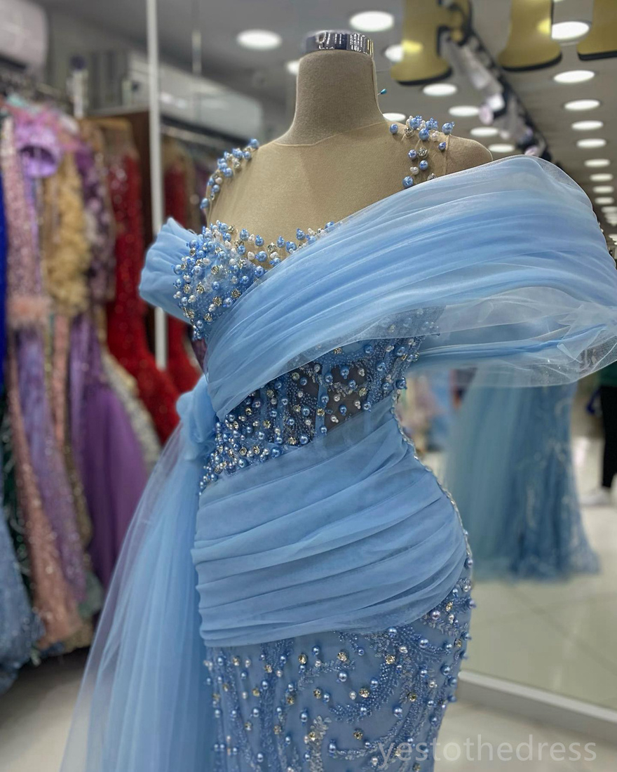 2024 Plus Size Blue Prom -klänningar för svarta kvinnor promdress illusion ren nackpärlor spetspärlor strass dekorerad födelsedagsklänning andra mottagningsklänningar am778