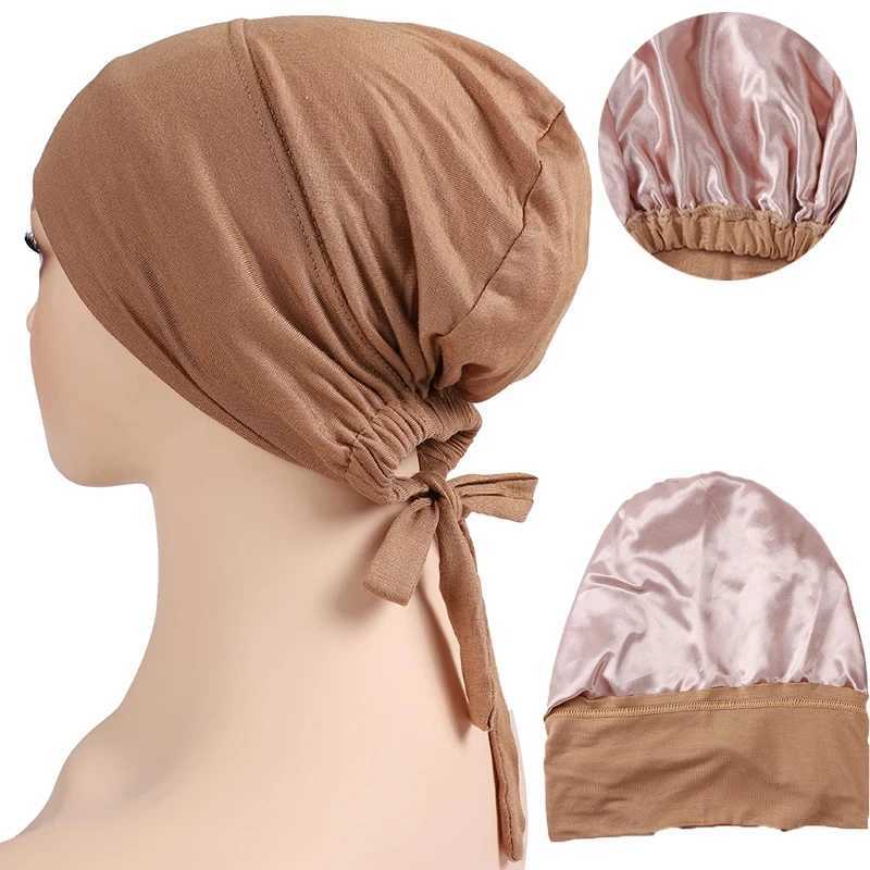 Hijabs dubbelskikt mjukt satintröja hijab mössor islamiska huvud slitage hatt underscarf slips bana turkiska halsdukar muslimska headcover ramadan d240425