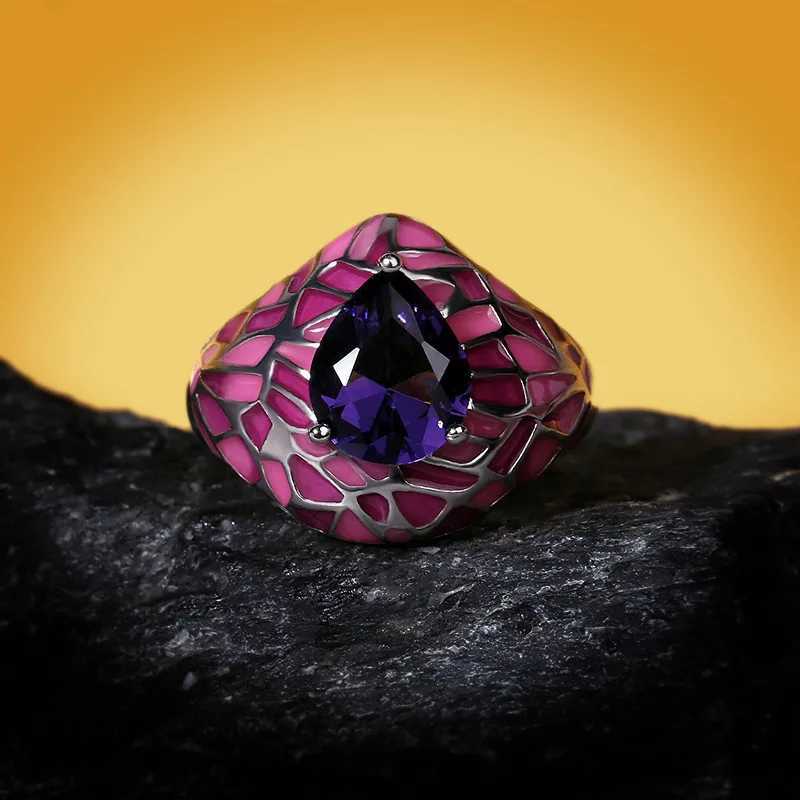 Anneaux de bande 925 Bijoux de dames en argent Blee Big Zircon Ring Rose Epoxy Irrégulet Creative Exquis Handmade Email Ring H240425