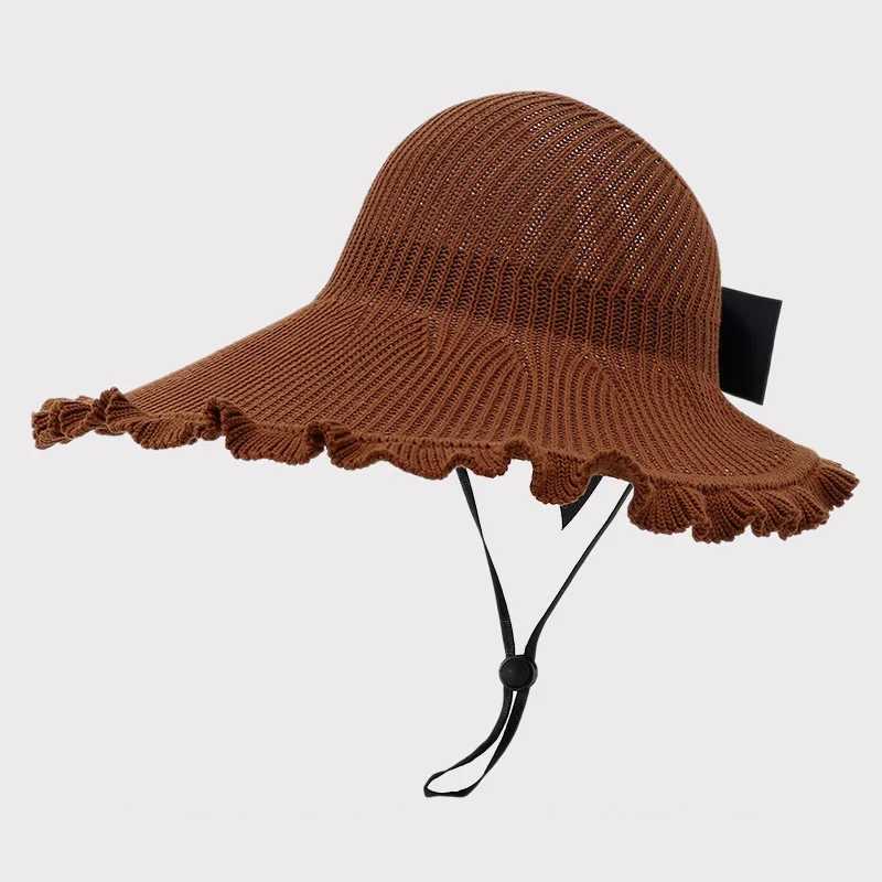 Geniş Memlu Şapkalar Kova Şapkaları 2024 Yeni Katlanır Kore Yay Knot Geniş Buzlu Güneş Şapkası Kadınlar için Uygun Nefes Alabilir Plaj Bucekt Şapka Açık Dış Tığ Şapkası 240424