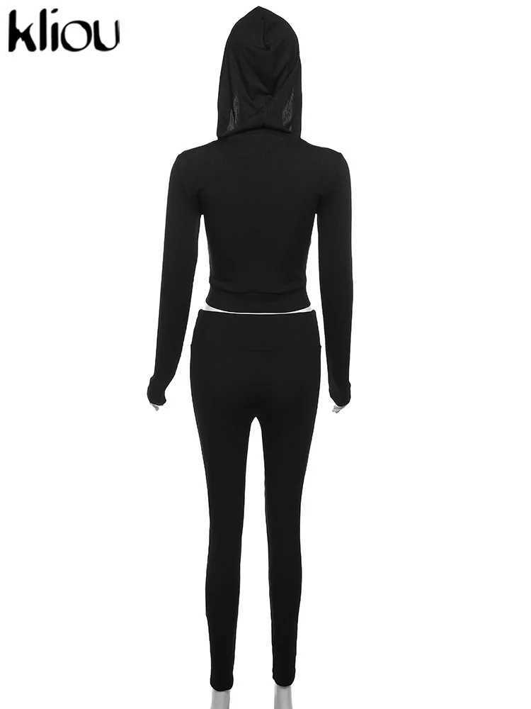 女性用ジャンプスーツはロンパースKliou基本的な簡潔な2ピースセット女性カジュアルフード付きジップアップスリムトップス+マッチングソリッドパンツ女性秋の新しい座標衣装Y240425