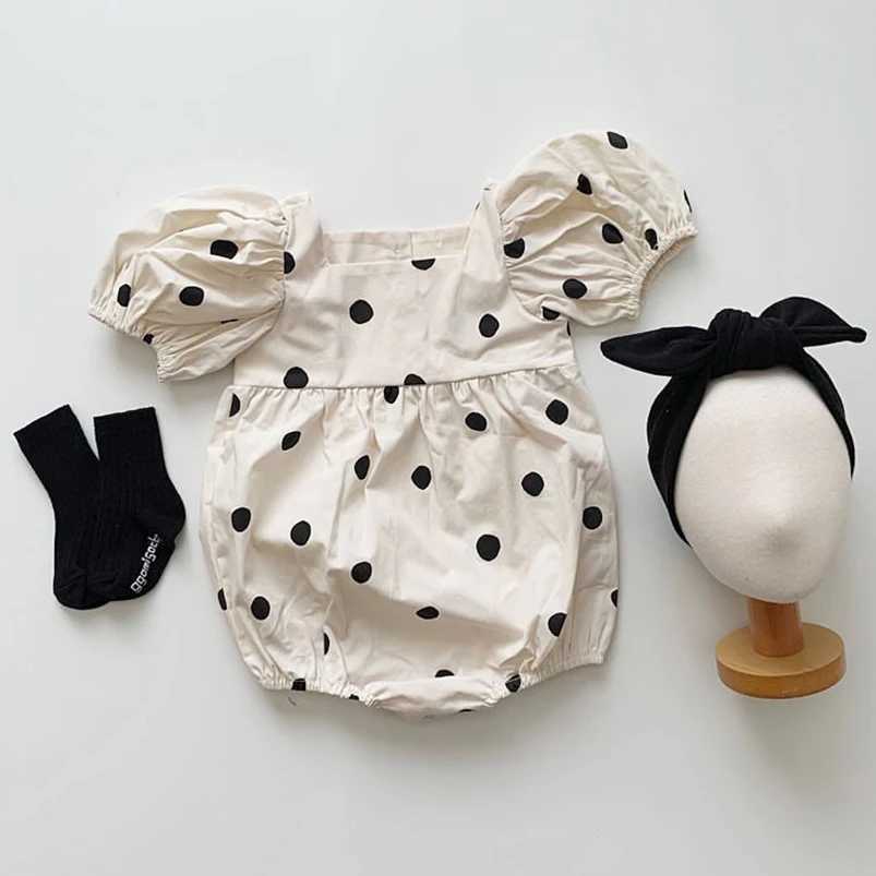 Rompers Baby Girls Polka Dots Romper + Bow Headband Soft Breathable Infant Short Puff Sleeve Jumpsuit 0-24Months Newborn Clothing H240425