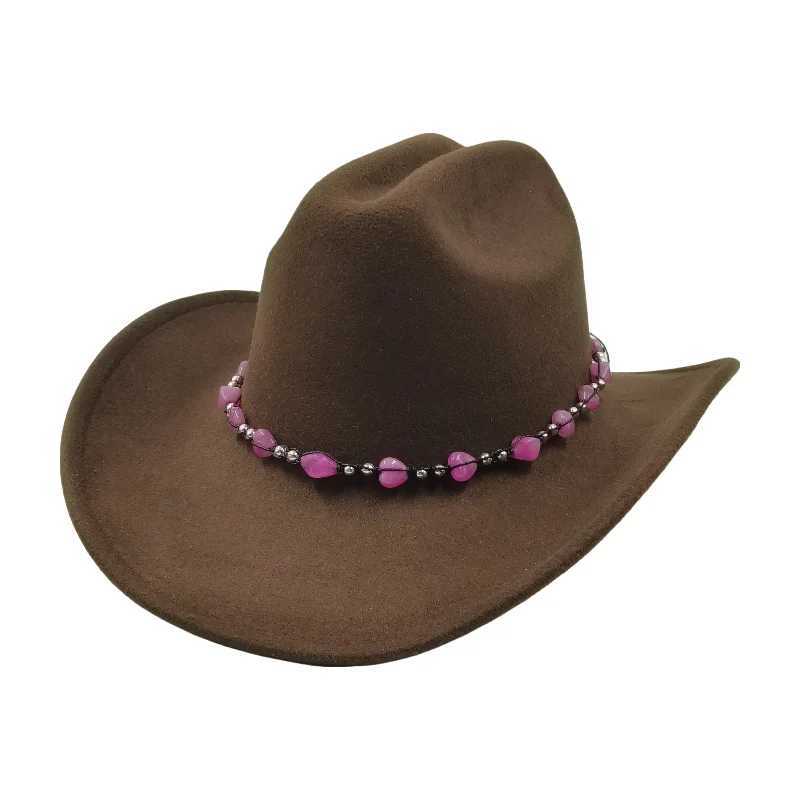 Brede rand hoeden emmer hoeden gekleurde kralen cowboyhoeden roze voor vrouwen en mannen heer witte hoeden vintage hoed mode herfst winter big brim sombrero hombre y240425