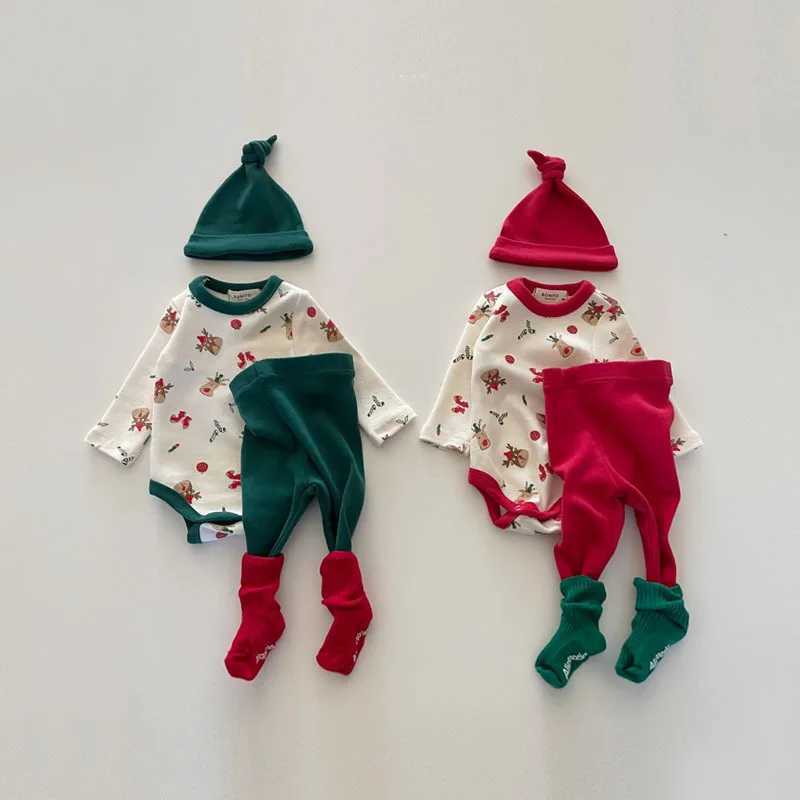 Kleidungsstücke Weihnachten Babykleidung Kind Elchdruck Bodysuit Hosen Hut Kleinkind Neujahr Homewear Set H240425