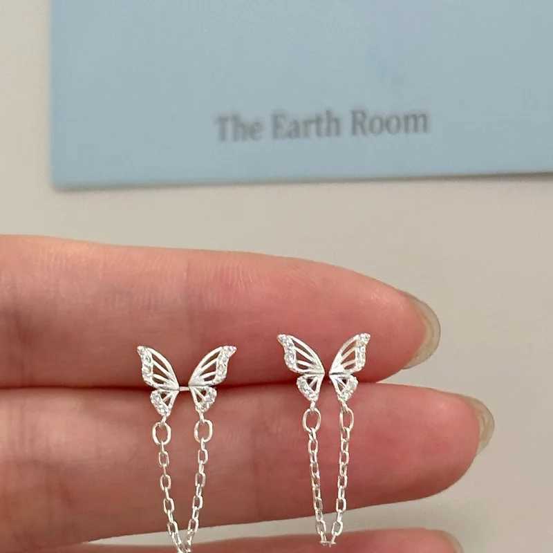 Dangle Chandelier Fashion Silver Color Hollow Butterfly Stud Earrings for Women Girl Simple Double Ear Hole Tassel Chain Earrings Jewelry Gift