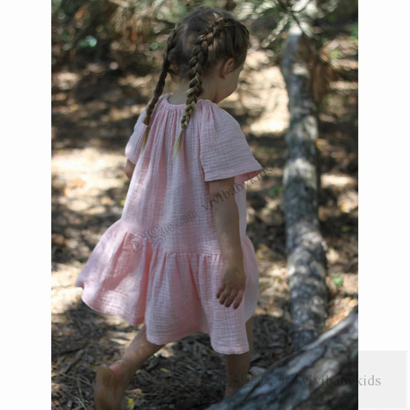 Vestidos de linho de algodão para meninas de verão Crianças de colarinho redondo vestido plissado de manga curta