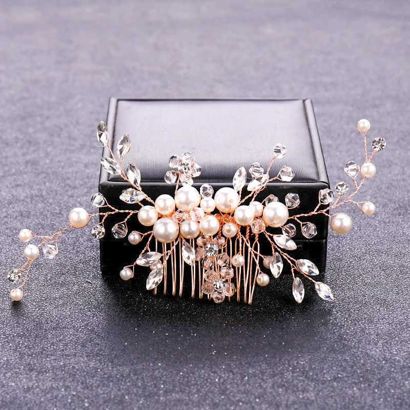 Wedding Hair Jewelry Rose Gold Color Crystal Pearl Flower Hair Comb Hairpin Headband For Women Bride Wedding Bridal Hair Accessories Jewelry Comb d240425