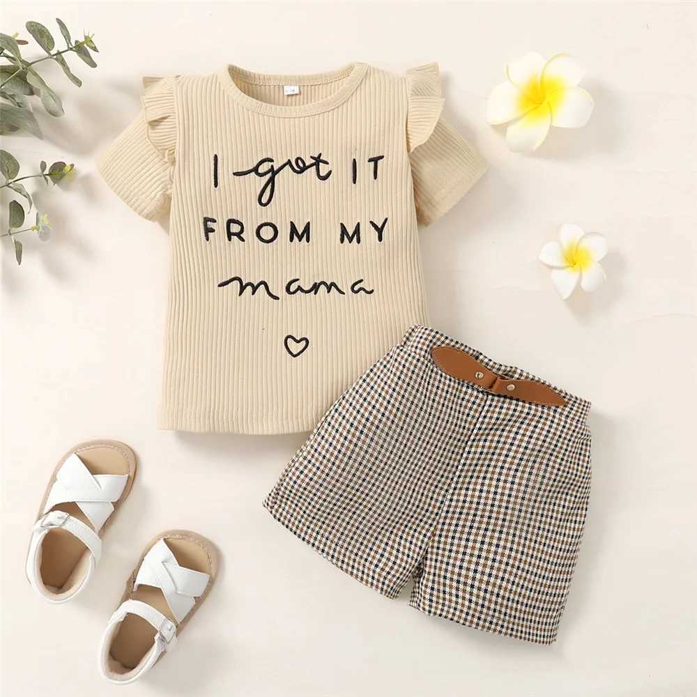 Tシャツ幼児の女の子の服セットレタープリント半袖トップ+チェッカーショーツ夏のファッション衣装1-6歳2404
