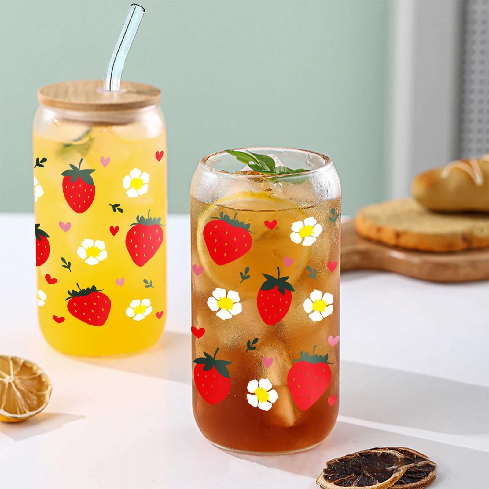 Tumblers 3D Baskı Çilek Çiçekleri16oz Cam Kupa Mason Bambu Kapak Saman Libbey Yaz Kahvesi ile Şişeleri Batarlar H240425