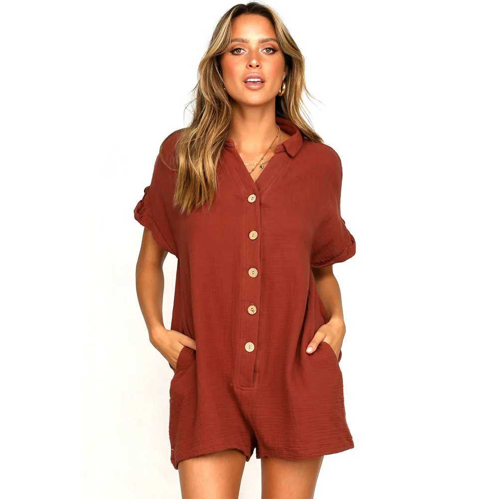 Women's Jumpsuits Rompers Inventory! Fashionable womens clothing new products for spring and summer popular lapel shirts button up jumpsuits Y240425