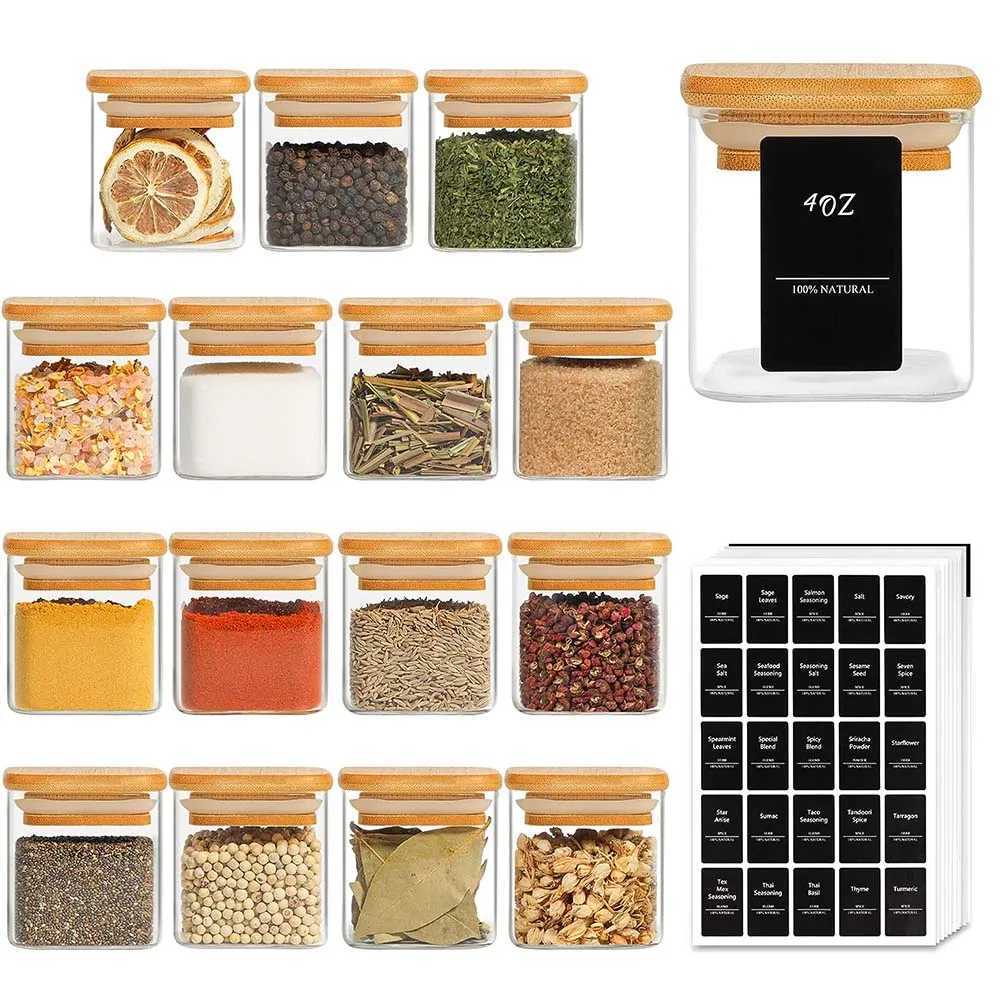 Matsparare Förvaringsbehållare 4-ounce Glass Spice Jar med bambu lock Airlight Square Container Label Luftkonditionerad smak för saltsocker H240425