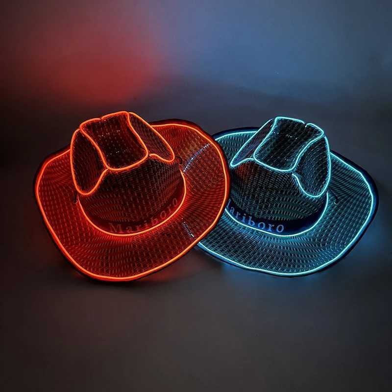 Chapeaux à bord large chapeau seau de seau d'été sans fil fluorescent chapeau brillant LED Light Up Paille Cowboy Cap Luminal Costume Costume de plage