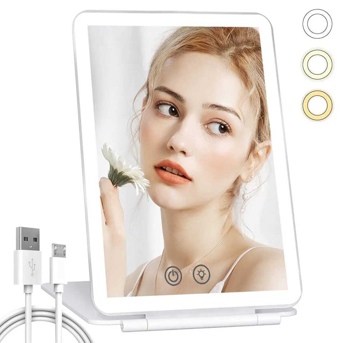 Mirrors Portable Folding Led Mirror Touch Screen Makeup Mirror 3 Light Modes Cosmetic Mirrors Usb Rechargeable Foldable Make Up Mirror