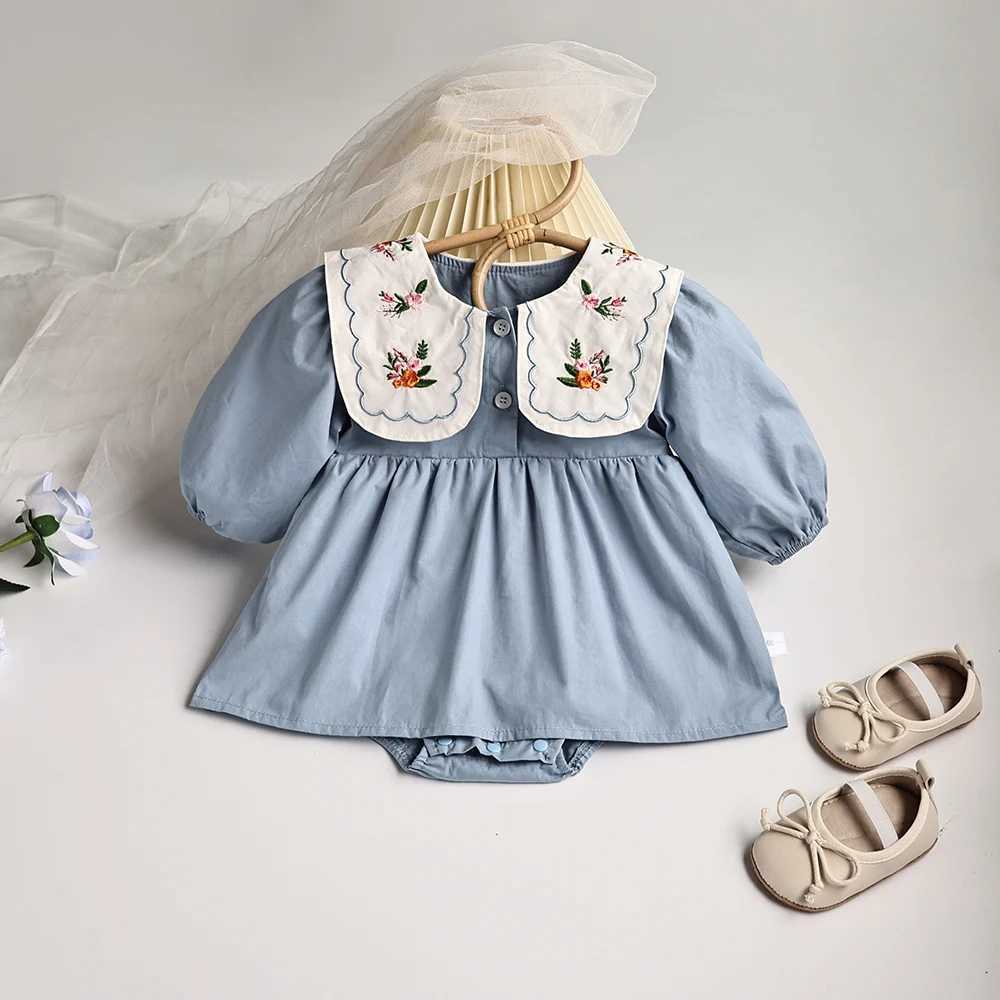 Rompers Spring Solid Pleed Body BodySuit Toddler Girls Girls Princess Clothes Embourory Big Collar Infant Vêtements H240425