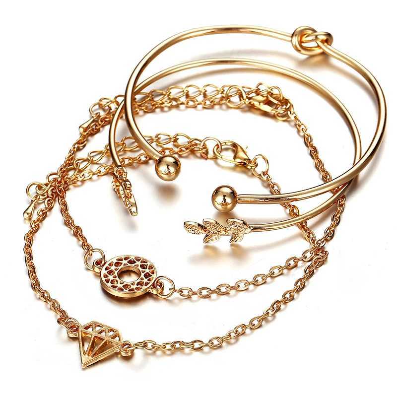 Beaded Boho Gold Color Cuff bracelets Set For Women Leaves Knot Charm Delicate Chains Party Wedding Jewelry Accessories